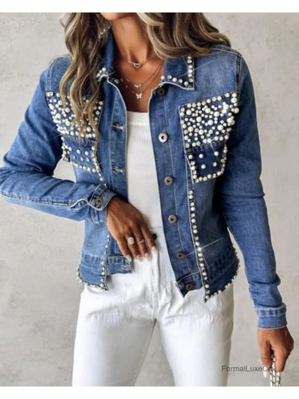 Pearls Denim Jacket Cropped Rhinestone Button Down Jean Coat